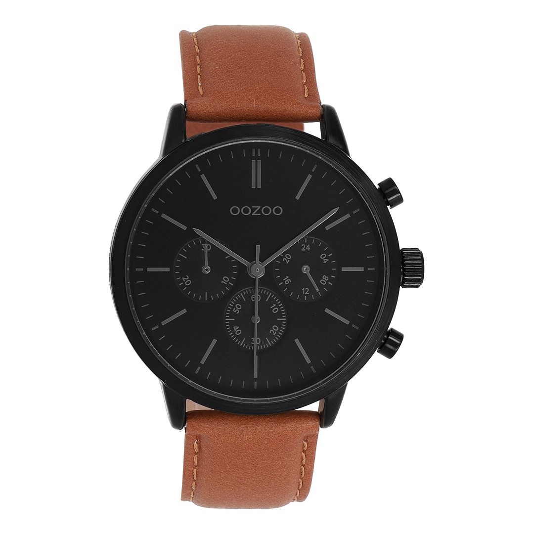 Black coloured OOZOO watch with brown leather strap